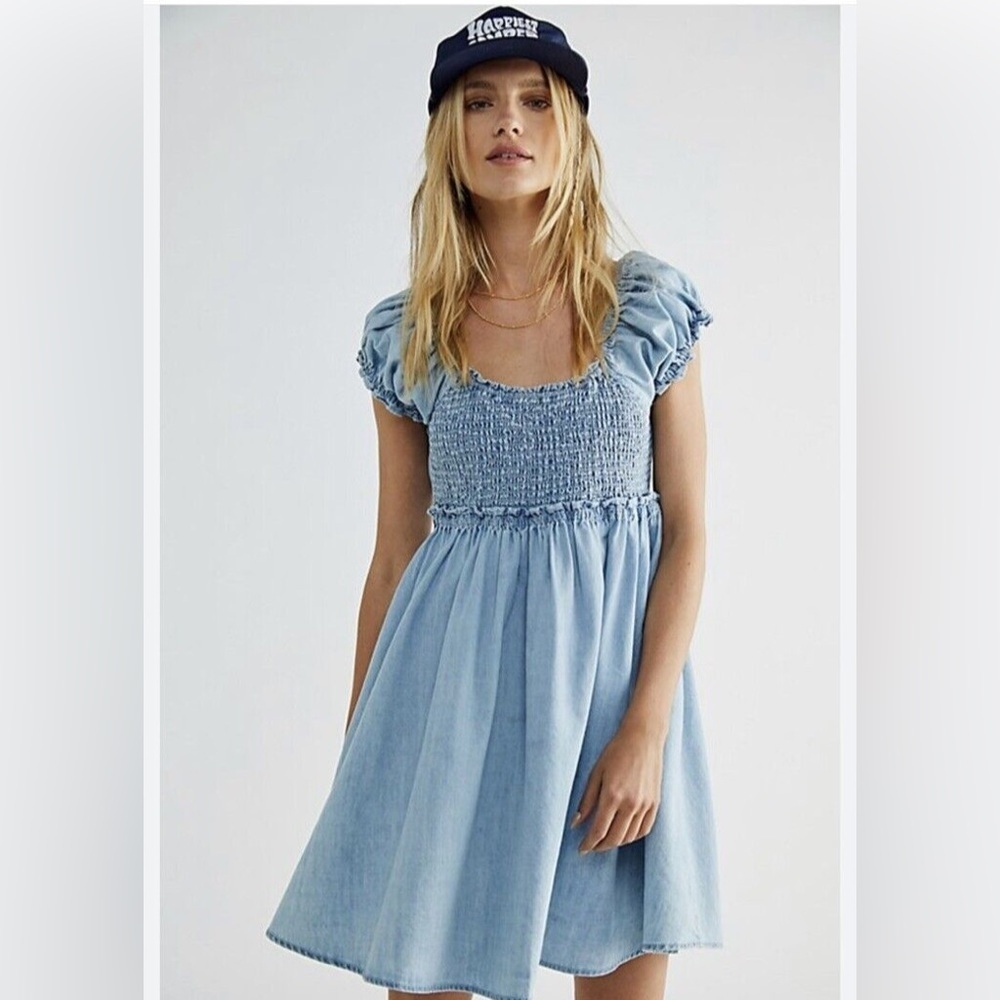 Free People Light Blue Smocked Puff Sleeve Mini Dress - Picture 7 of 11